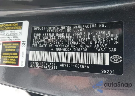 2007 Toyota Camry Hybrid из США, поврежденный, VIN 4T1BB46K07U016538